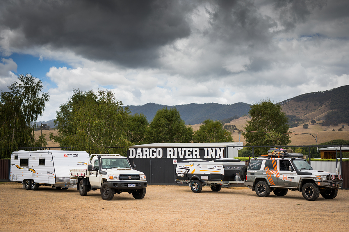 The caravans parked outside the Dargo River Inn